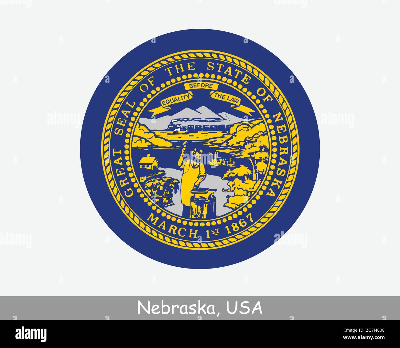 Bandiera del Nebraska Round Circle. Icona banner pulsante circolare Stato USA NE. Bandiera di Stato degli Stati Uniti del Nebraska. Vettore EPS dello stato di Cornhusker Illustrazione Vettoriale