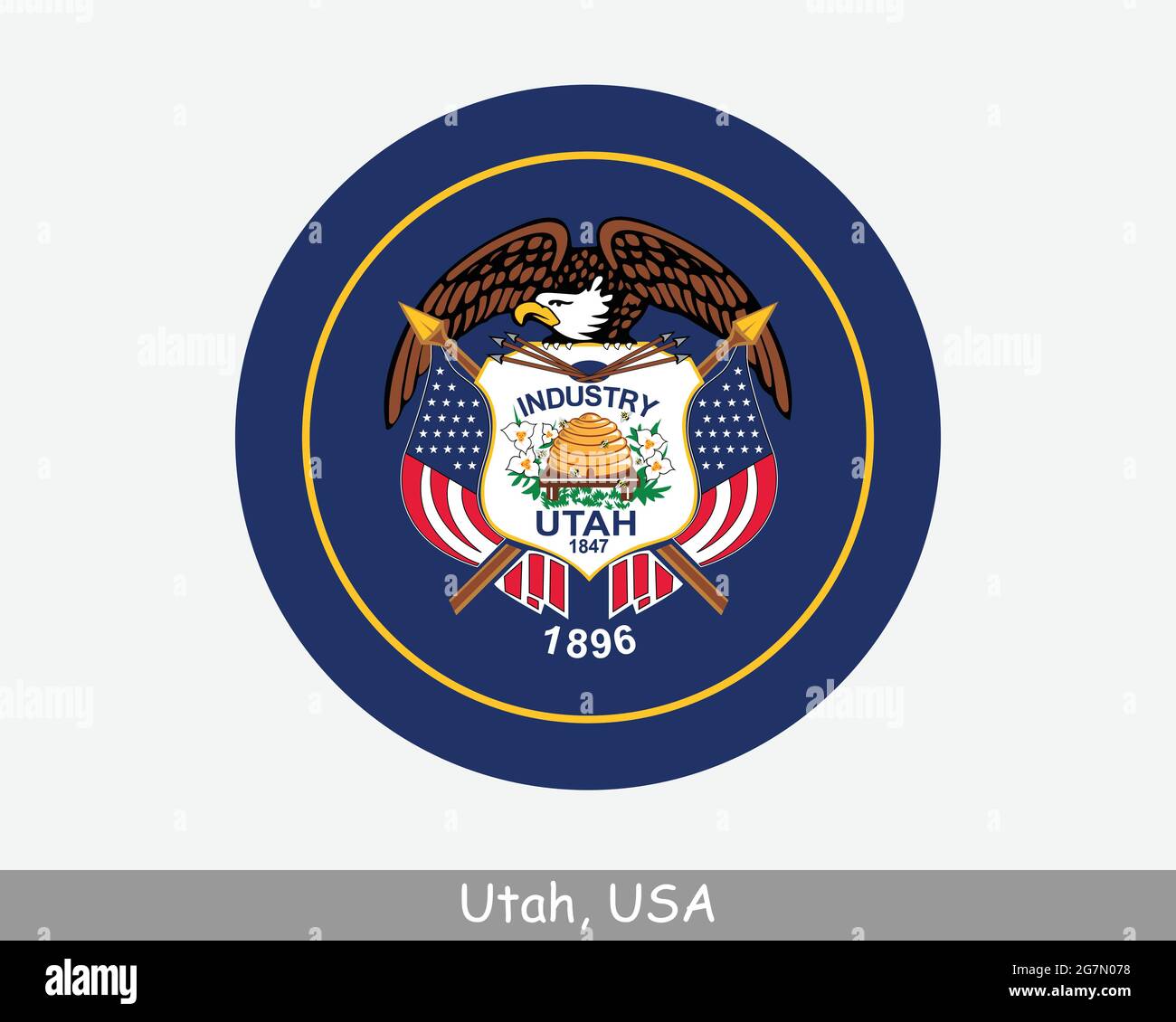 Bandiera Utah Round Circle. Icona banner pulsante circolare stato UT USA. Bandiera dello Stato degli Stati Uniti d'America dello Utah. Stato dell'alveare, Stato mormone, EPS VECTO Illustrazione Vettoriale