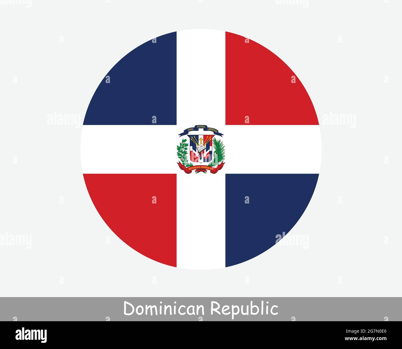 Bandiera circolare della Repubblica Dominicana. Pulsante circolare dominicano icona banner. Vettore EPS flag Quisqueyan Illustrazione Vettoriale