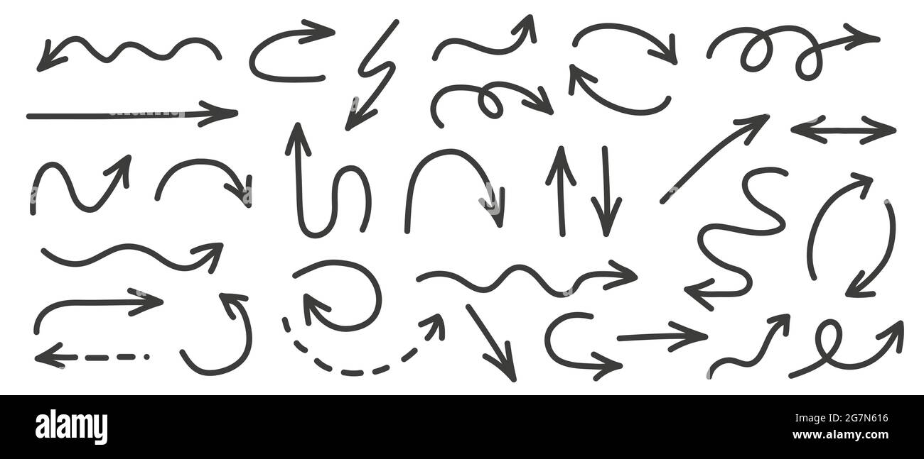 Set di frecce disegnate a mano, icone, hashtag. Simboli sociali. Illustrazione Vettoriale