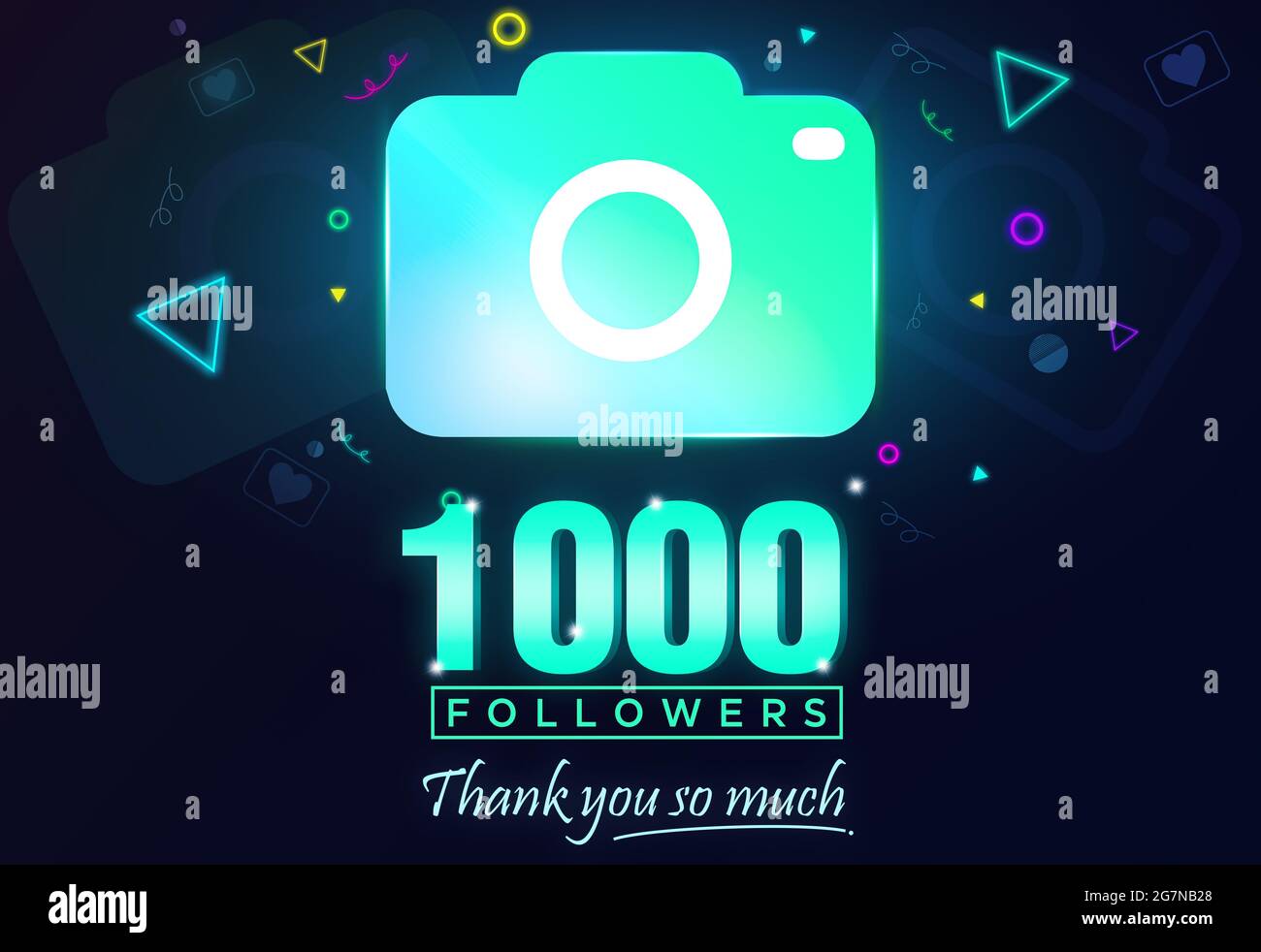 Gli abbonati e i seguaci di Social Media Network festeggiano con il concetto di icona al neon Lighing Lights. Modern 3D reso Abstract brillante celebrazione con Foto Stock