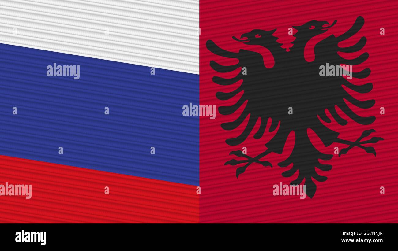 Albania e Russia due Half Flags insieme tessile illustrazione Foto Stock