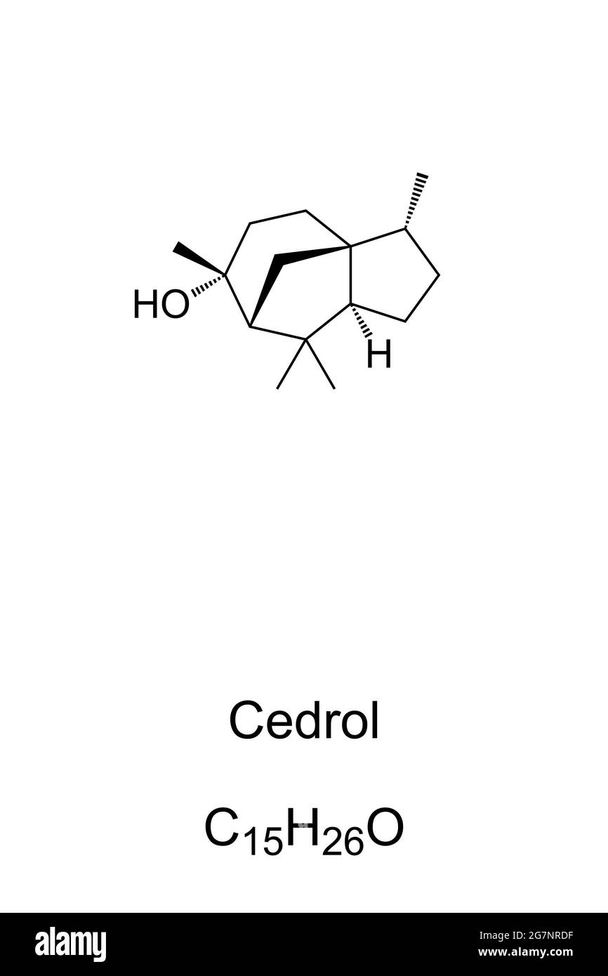 Formula chimica Cedrol e struttura scheletrica. Composto organico, che si trova nell'olio essenziale di conifere, olio di cedro, specialmente in cipresso e ginepro. Foto Stock