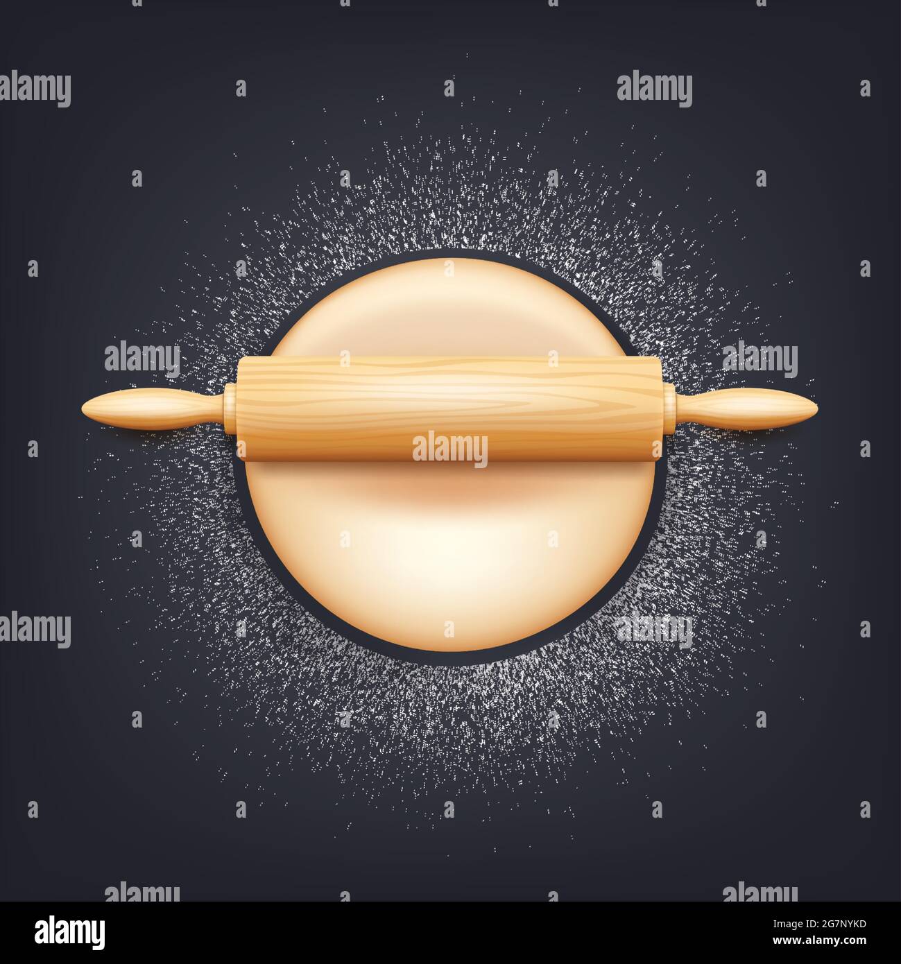 Verosimile volante in legno e impasto con farina. Concetto di design per la cottura, la pizza, i biscotti, i biscotti, il pane. Sfondo scuro della scheda, vettore Illustrazione Vettoriale
