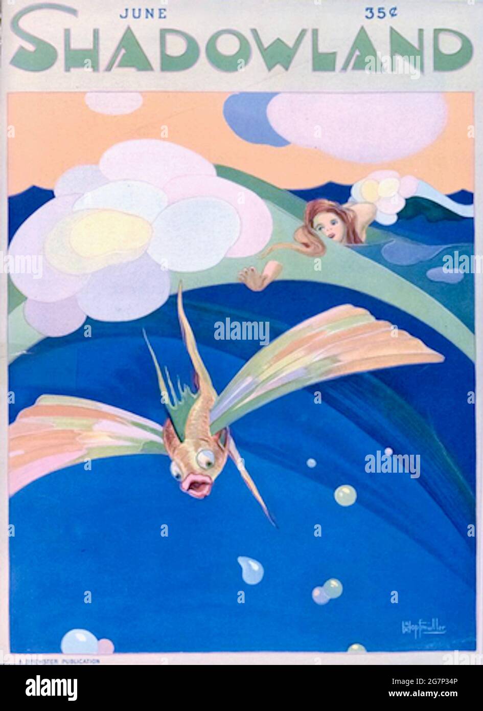 Copertina della rivista classica Shadowland Arts degli anni '20. Illustrazione di A. M. Hopfmuller. Pesce volante con swimmer femminile in inseguimento caldo. Forse la sirena. Foto Stock