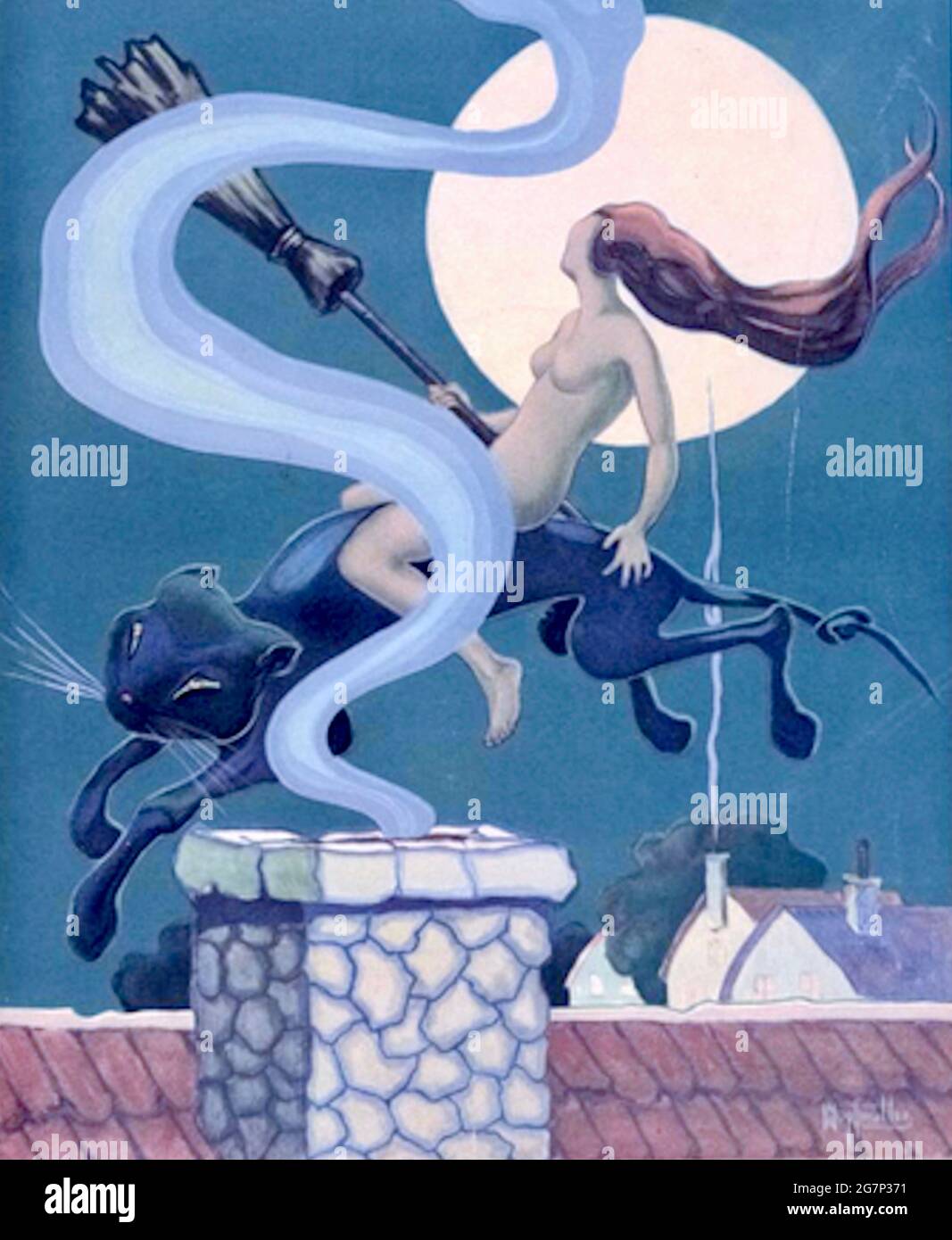 Copertina della rivista classica Shadowland Arts. Illustrazione di A. M. Hopfmuller. Il suo Halloween e con il bastone in mano una strega cavalca il suo gatto nero. Foto Stock