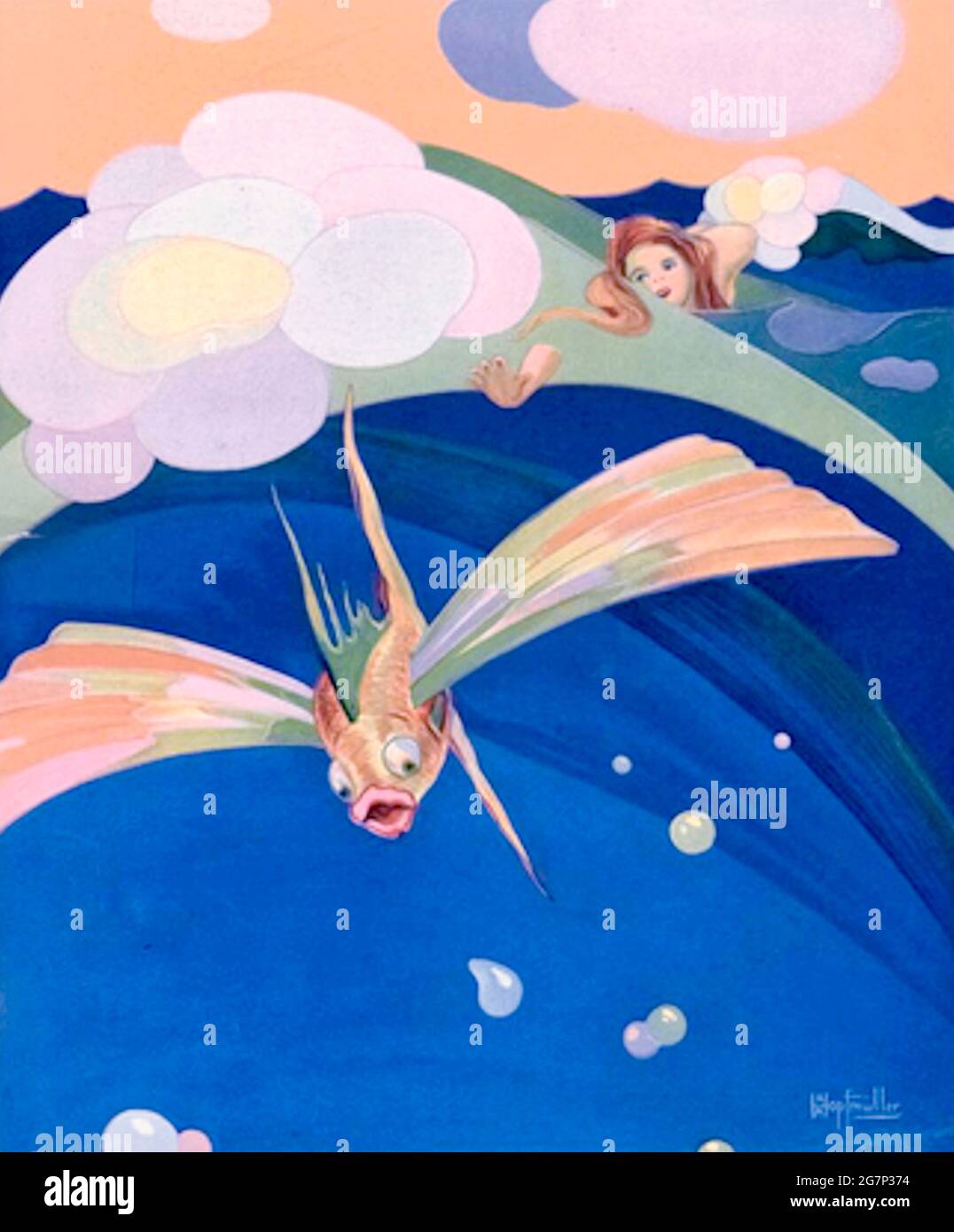 Copertina della rivista classica Shadowland Arts degli anni '20. Illustrazione di A. M. Hopfmuller. Olympic speranzoso nella ricerca di un pesce volante. Foto Stock
