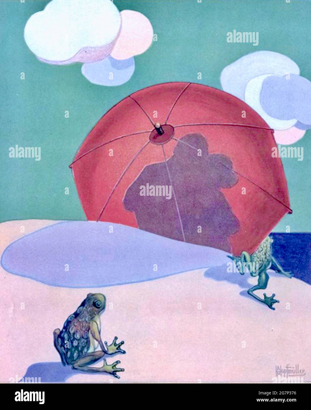 Copertina della rivista classica Shadowland Arts degli anni '20. Illustrazione di A. M. Hopfmuller. Le rane curiose osservano la coppia di corteggiamento. Foto Stock