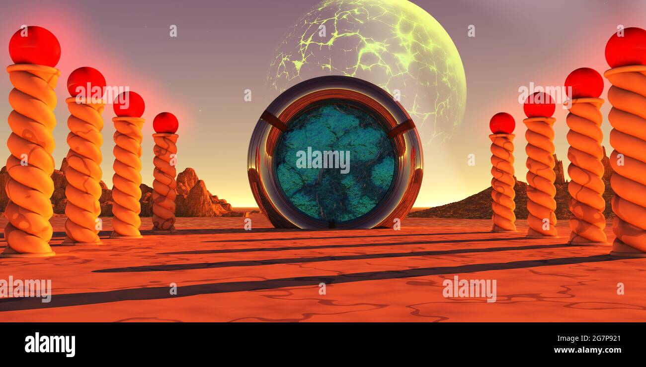 Antico portale - UN dispositivo portale su un pianeta alieno è attivato per inviare i viaggiatori in un viaggio in un altro mondo. Foto Stock