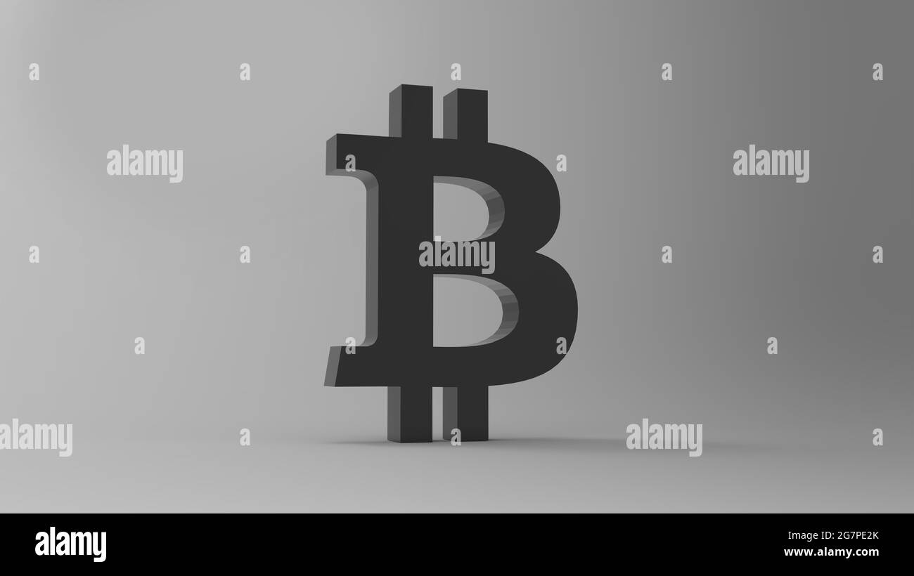 Primo piano immagine in scala di grigi di un simbolo per Bitcoin su uno sfondo grigio isolato Foto Stock
