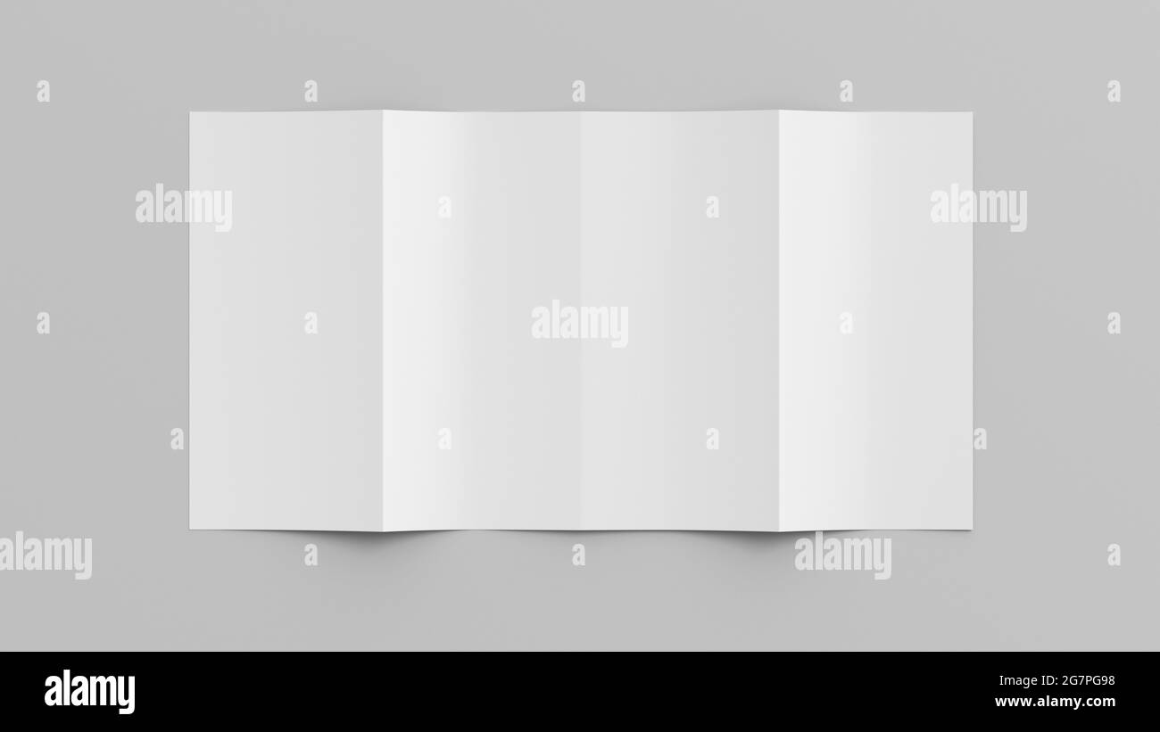 Brochure a doppio punto di iniezione verticale. Quattro pannelli, 8 pagine di foglietto vuoto. Simulato su sfondo bianco per il disegno di presentazione. Lato posteriore. Vista sopra Foto Stock