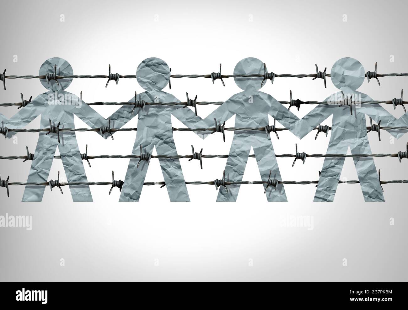 Immigrazione questione sociale come simbolo per le leggi sulla migrazione e rifugiati come filo spinato con carta tagliare le icone delle persone dietro una recinzione di confine. Foto Stock