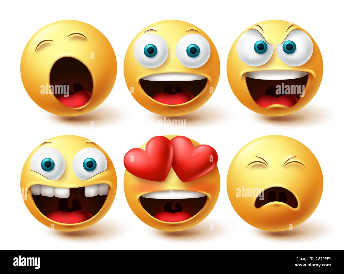 Emoji smileys felice insieme vettoriale. Smileys emoticon Happy, in amore e sonnolenza Face Collection espressioni facciali isolate in bianco sfondo per grafica Illustrazione Vettoriale