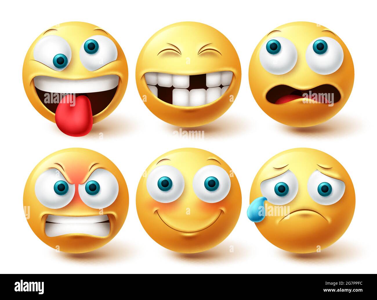 Set di vettori emoji divertenti e sorridenti. Smileys emoticon collezione gialla isolata su sfondo bianco per la progettazione di elementi grafici. Illustrazione vettoriale Illustrazione Vettoriale