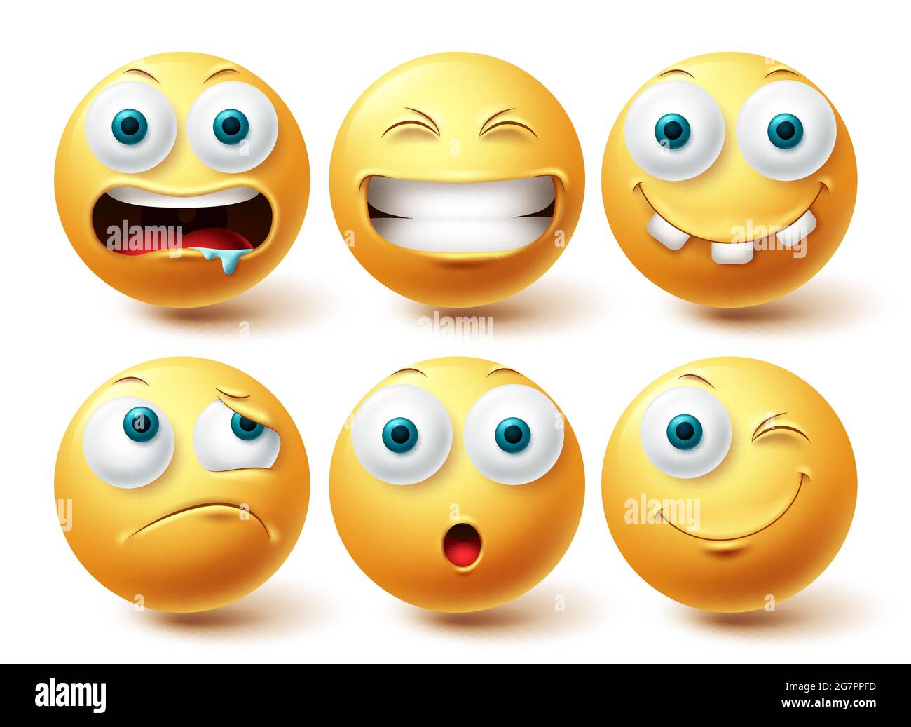 Set di vettori emoji divertenti e sorridenti. Smileys emoticon giallo divertente, felice e deluso collezione di icone isolato in bianco sfondo per elementi grafici Illustrazione Vettoriale