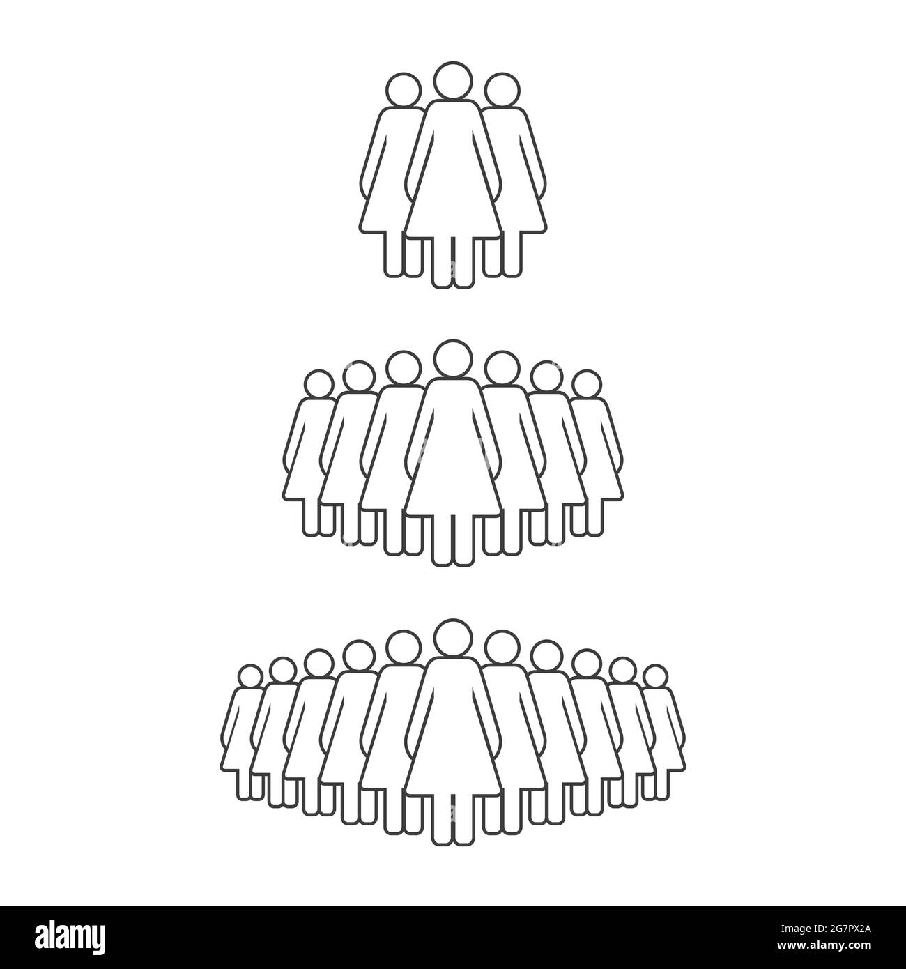 Gruppo di donne piccolo, medio e grande. Icona della linea di folla delle persone femminili. Simbolo persone isolato. Illustrazione vettoriale. Illustrazione Vettoriale