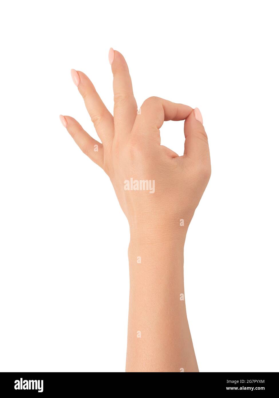 Womans mano ok segno su sfondo bianco. Gesto tutto bene tutto è OK. Bianco isolato. Primo piano di gesturing mano contro sfondo bianco Foto Stock