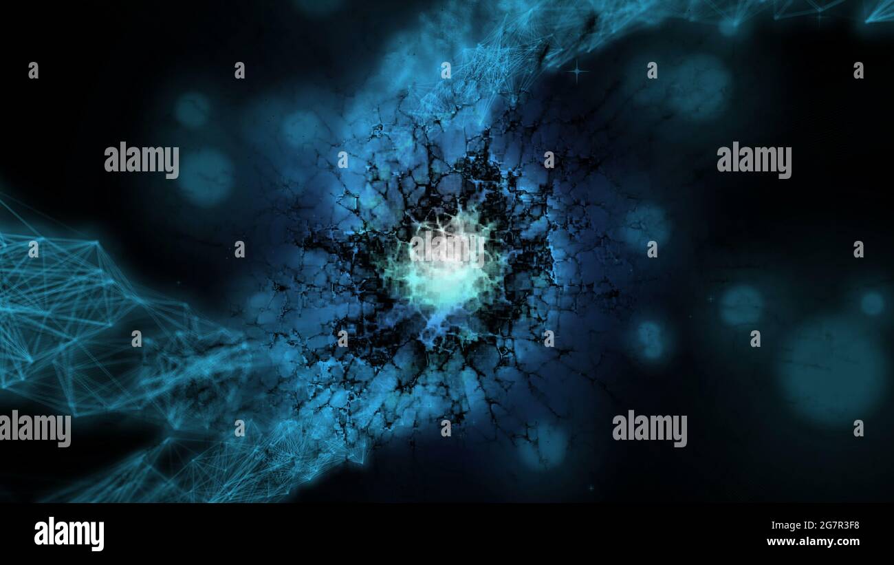 Rendering 3D dell'esplosione e degli elementi cosmici in tonalità blu Foto Stock