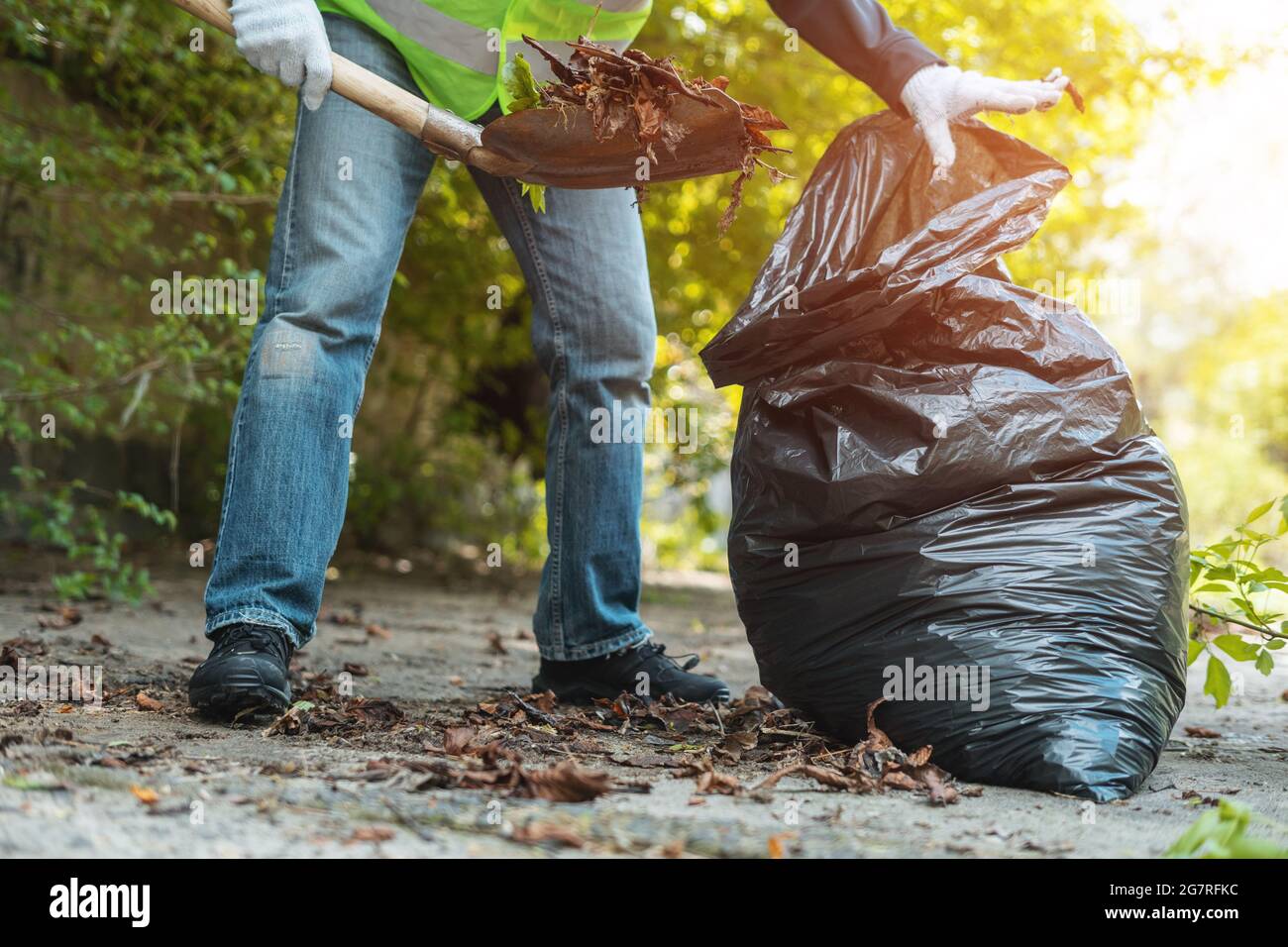 uomo volontario pulire il parco o raccogliere fogliame con pala in sacchetto per rifiuti Foto Stock