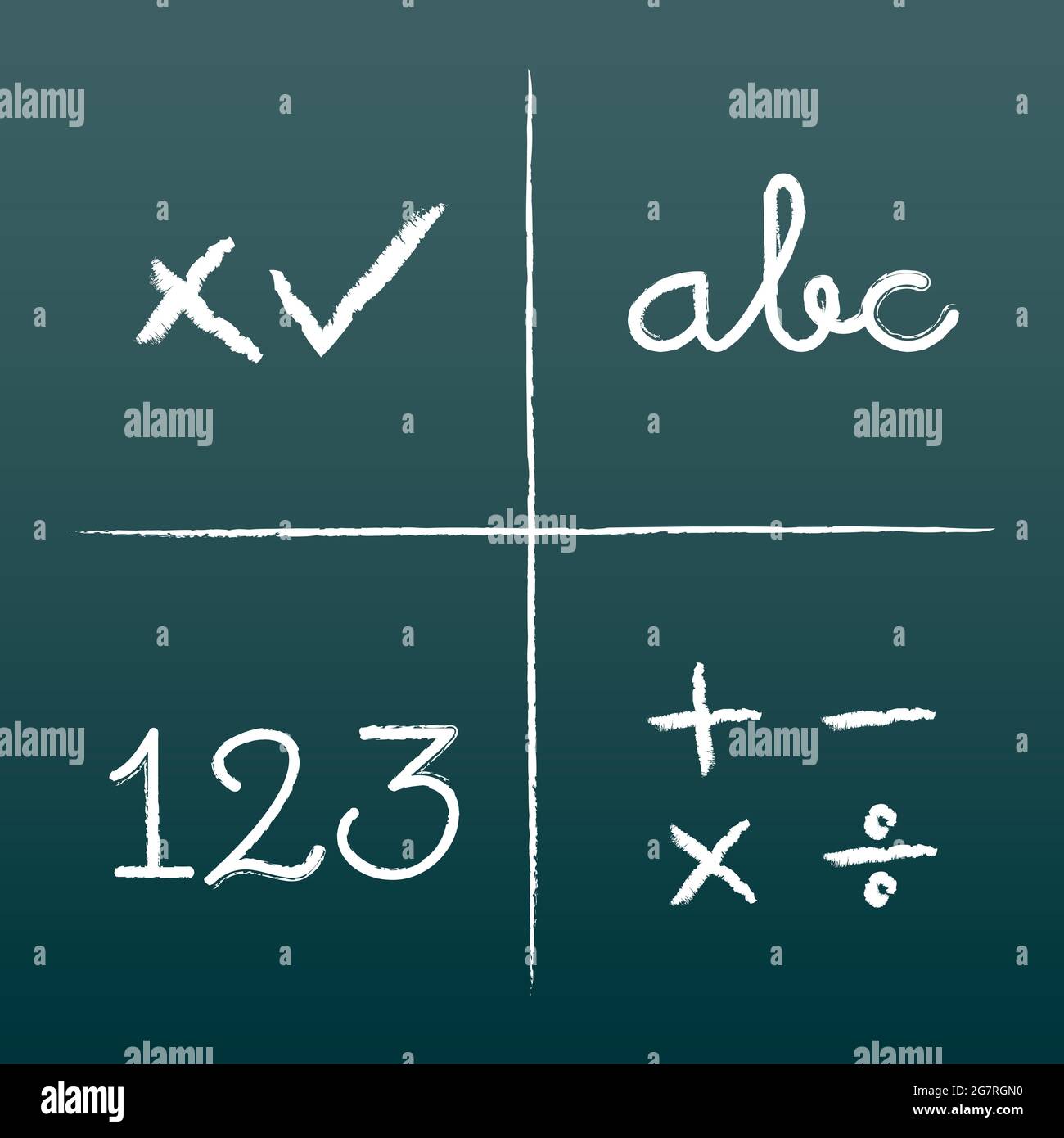 Set di icone con i simboli del gesso scolastico. Numeri, lettere e simboli matematici. Lavagna verde. Illustrazione vettoriale, design piatto Illustrazione Vettoriale