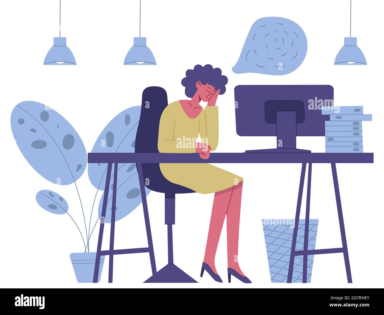 Carattere sonnolento esaurito. Stanco lavoratore freelance burnout, carattere femminile problemi di salute mentale illustrazione vettoriale. Lavoratore d'ufficio stanco e assonnato Illustrazione Vettoriale