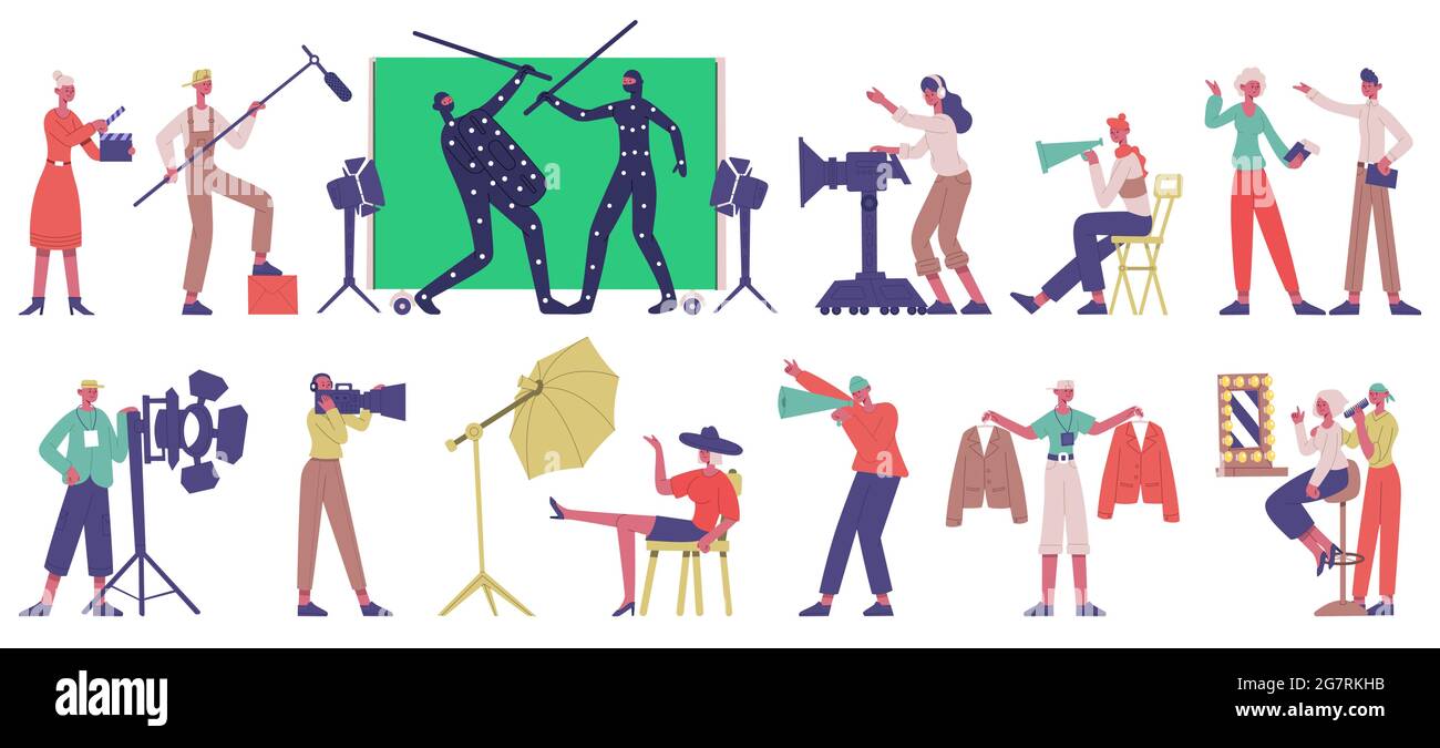 Produzione di film. Location per riprese cinematografiche, attori e regia cinematografica nel set di illustrazioni vettoriali per il processo di produzione cinematografica. Produzione di film Illustrazione Vettoriale