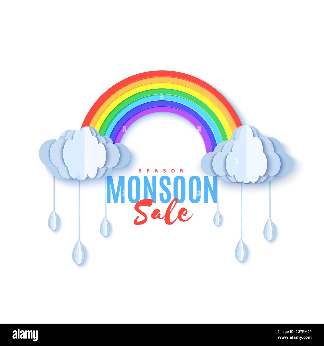 Arcobaleno e nuvole con gocce che cadono a bangle in stile taglio di carta. Vettore clima torbido concetto isolato su sfondo bianco. Pubblicità di vendita monsonica Illustrazione Vettoriale