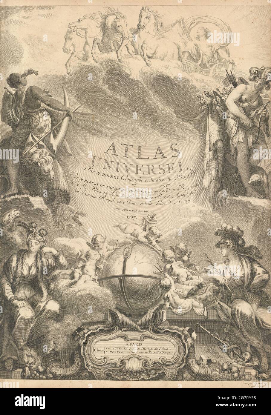 "Atlas Universel par M. Robert, Geographe ordinaire". Stampa della pagina del titolo 1757 Foto Stock