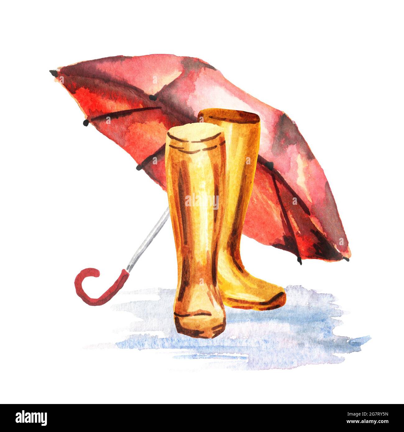 Stivali da pioggia e ombrello. Illustrazione disegnata a mano con  acquerello Foto stock - Alamy