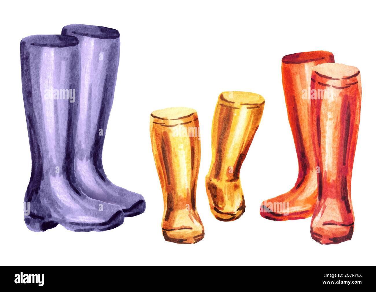 Stivali da pioggia per mamma, papà e bambino. Illustrazione disegnata a mano con acquerello Foto Stock