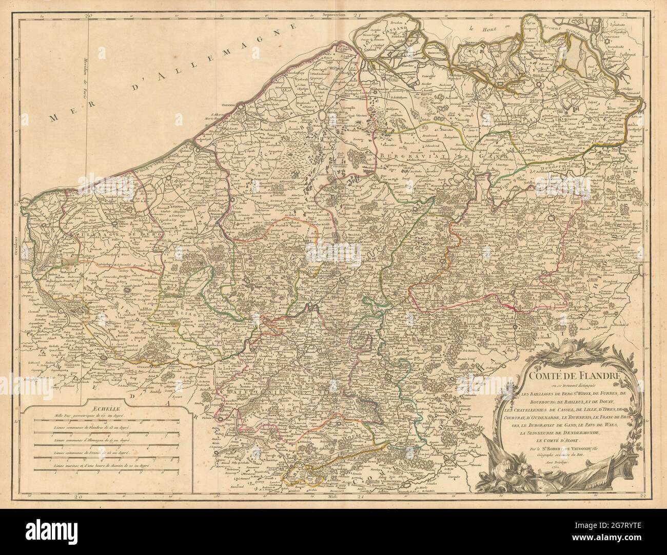 "Comté de Flandre". Fiandre francesi e belghe. Nord. VAUGONDY 1752 vecchia mappa Foto Stock