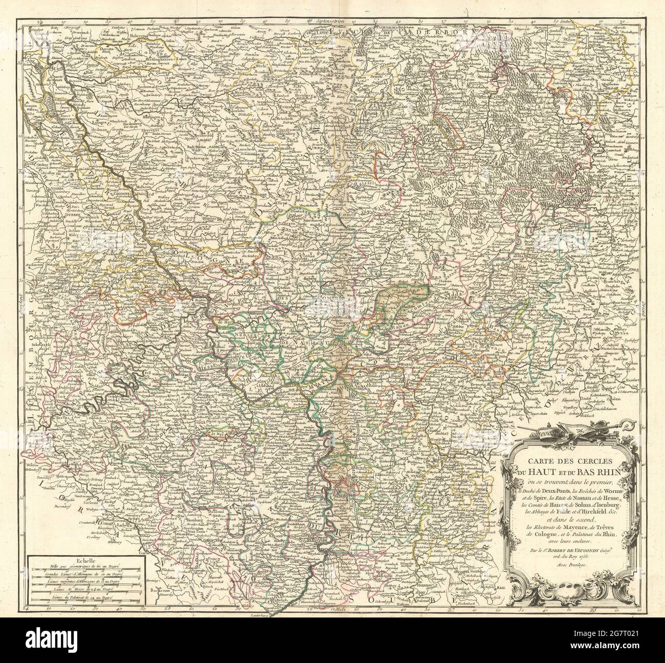 "Carte des Cercles du Haut et du Bas Rhin". Germania Renania. Mappa di VAUGONDY 1753 Foto Stock