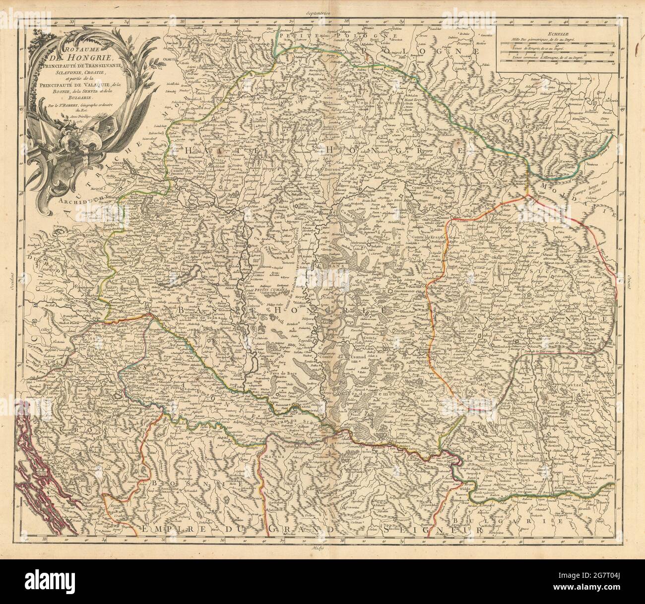 'Royaume de Hongrie… Transilvanie…' Ungheria Slovacchia Croazia. Mappa di VAUGONDY 1751 Foto Stock