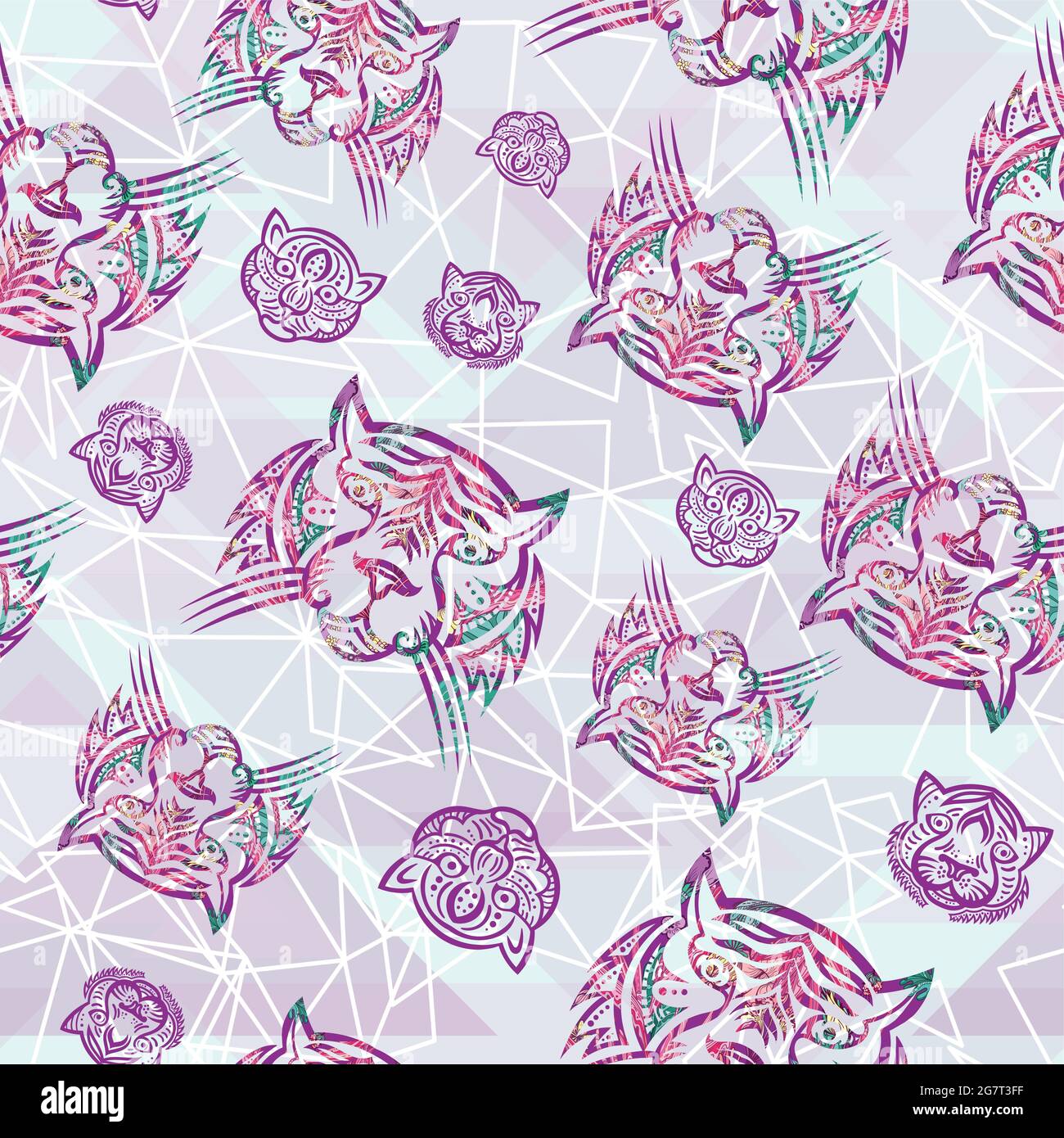 Tessuto gatto selvatico con sfondo geometrico forme Illustrazione Vettoriale