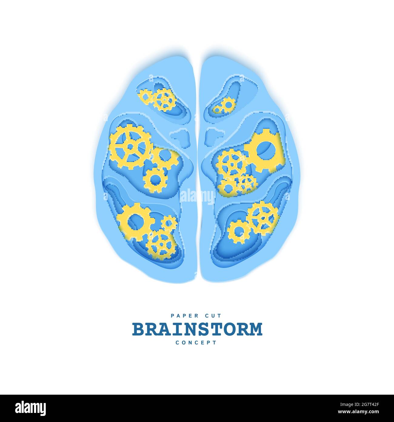 Sezione del cervello umano con attrezzi in stile papercut. Strati di taglio in cartone blu simbolo dell'emisfero destro e sinistro. Brainstorming vettoriale creativo Illustrazione Vettoriale