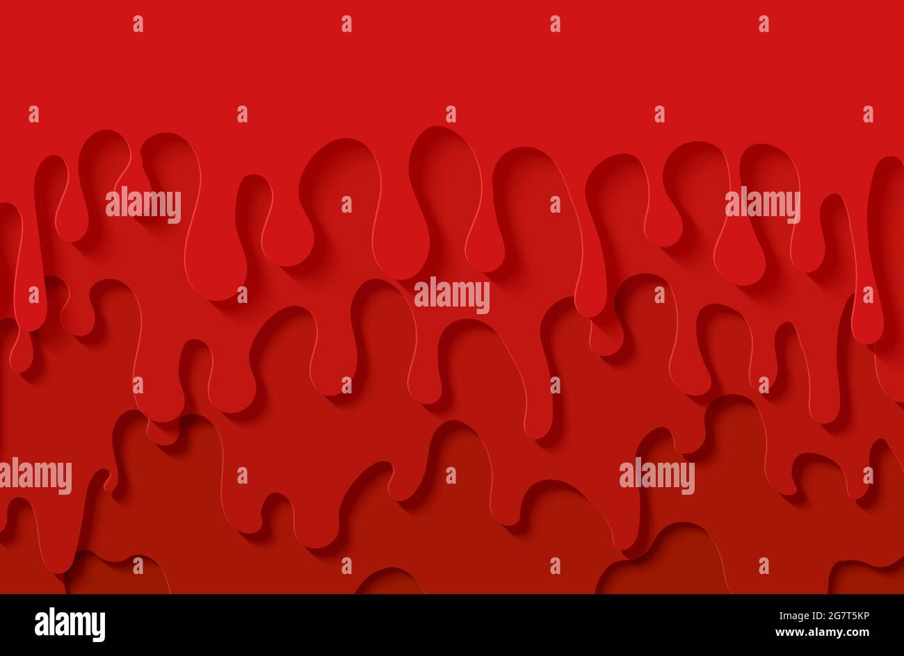 Sfondo rosso sciminato astratto in stile taglio di carta. Inceppamento strati di flusso verso il basso. Liquido viscoso che scorre lungo la parete. Gocce di fragola con silhouette Papercut Illustrazione Vettoriale