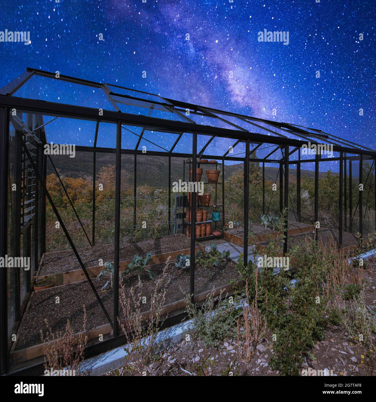 Cornice quadrata serra di vetro sul retro di una casa sotto un meraviglioso composito via cielo lattiginoso Foto Stock
