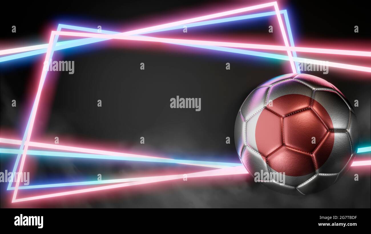 Palla di calcio in colori bandiera su sfondo astratto al neon. Giappone. Immagine 3D Foto Stock