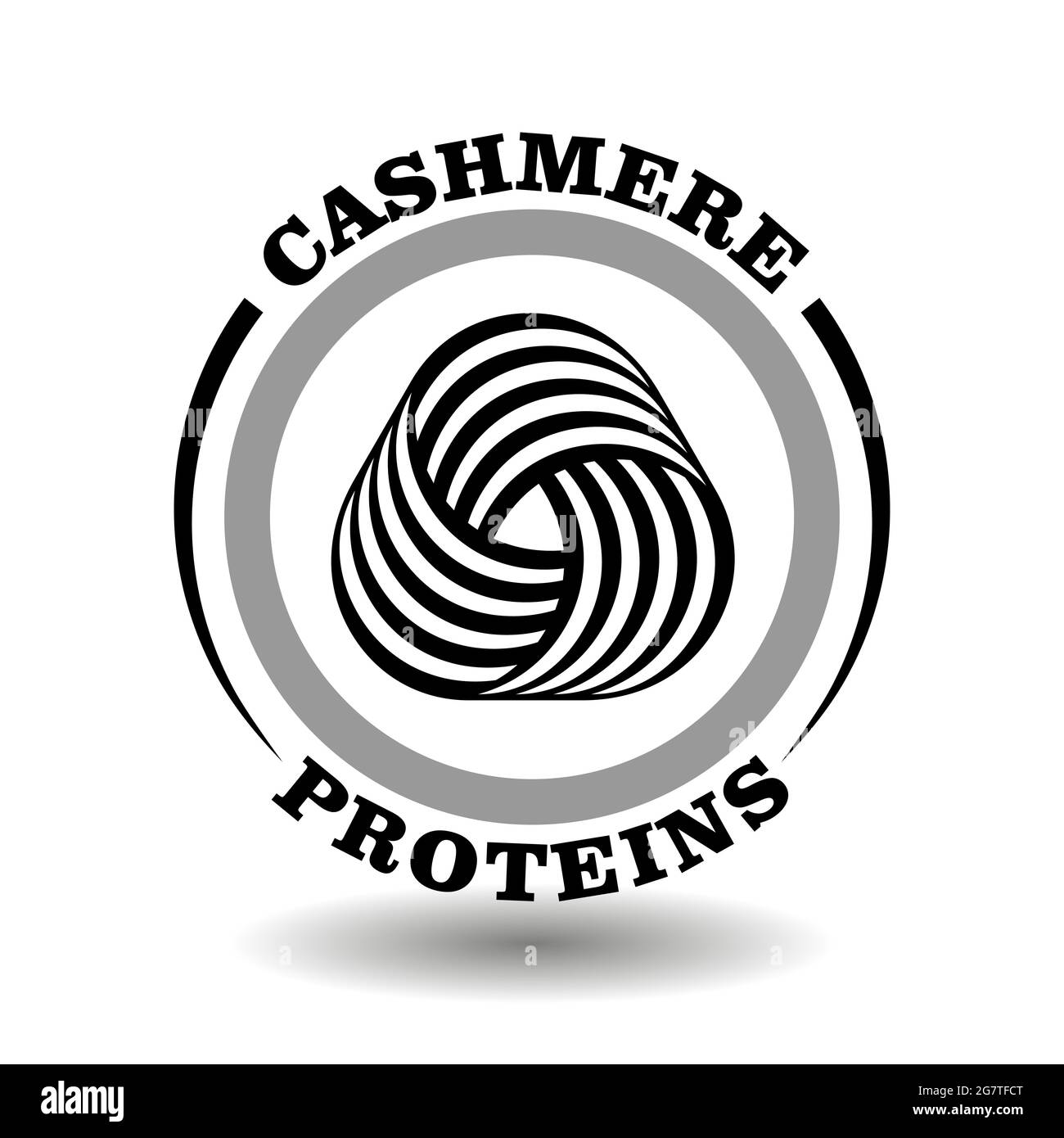 Logo creativo rotondo proteine di Cashmere con icona a forma di maglia triangolare in lana circolare simbolo di lavaggio, i kerseymere contengono il segno di etichetta del prodotto cosmetico Illustrazione Vettoriale