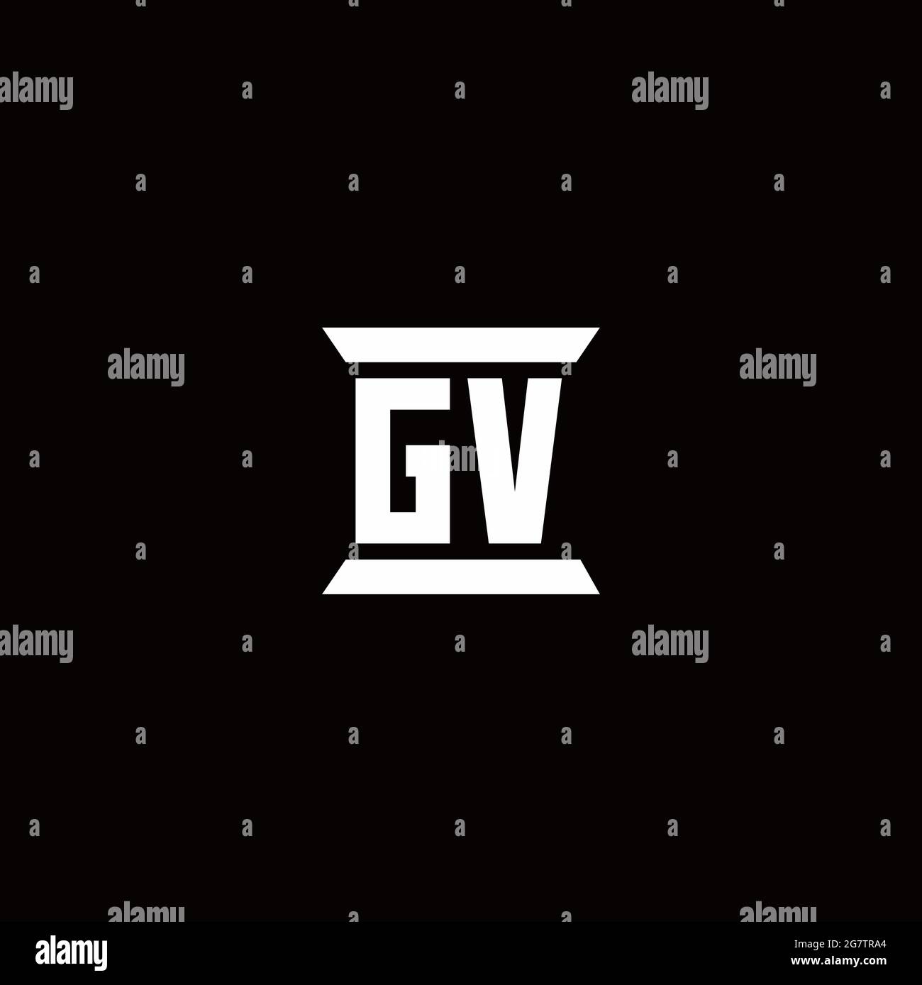Monogramma lettera iniziale logo GV con sagoma a forma di colonna isolata su sfondo nero Illustrazione Vettoriale
