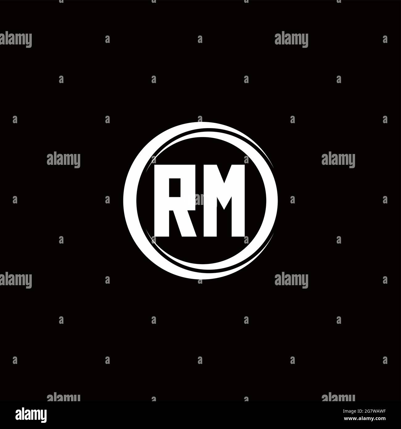 Monogramma lettera iniziale del logo RM con modello di disegno arrotondato a sezione circolare isolato su sfondo nero Illustrazione Vettoriale