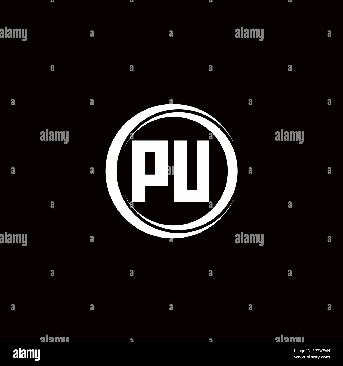 Monogramma lettera iniziale logo PU con modello arrotondato a sezione circolare isolato su sfondo nero Illustrazione Vettoriale