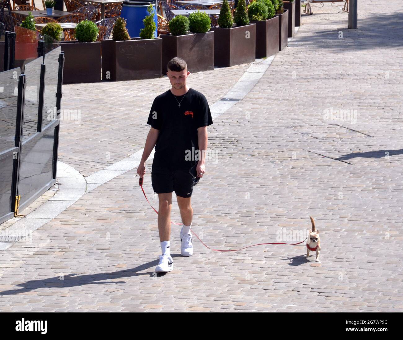 Un uomo alto con un piccolo cane su un piombo passeggiate nel sole estivo, all'aperto nel centro di Manchester, Inghilterra, Regno Unito. Foto Stock