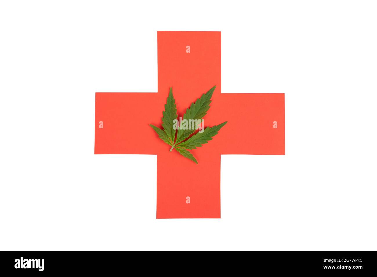 segno di assistenza sanitaria e foglia di cannabis isolato su sfondo bianco, marijuana medica. Foto Stock