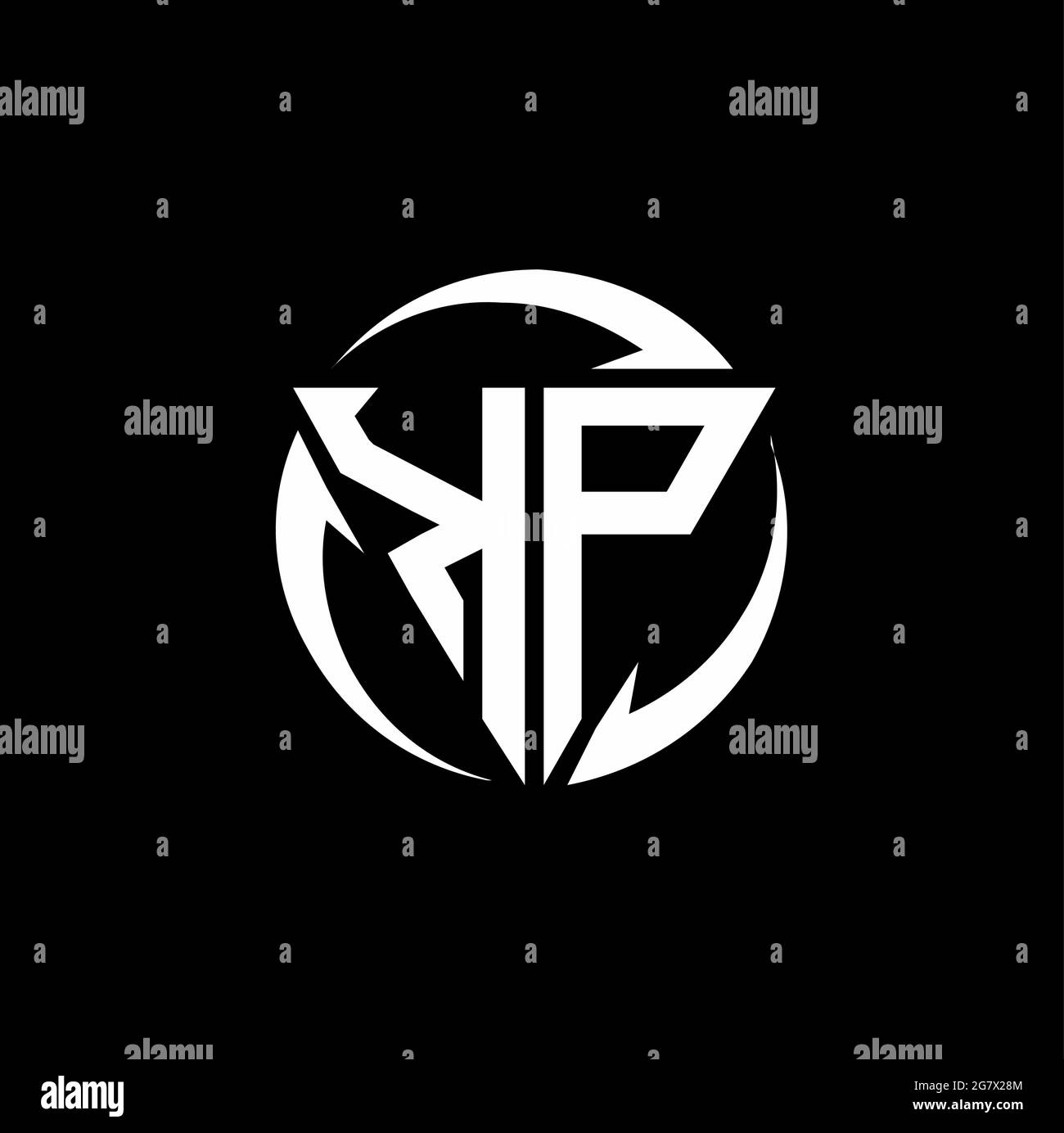 Logo KP con forma triangolare e modello rotondo isolato su sfondo nero Illustrazione Vettoriale