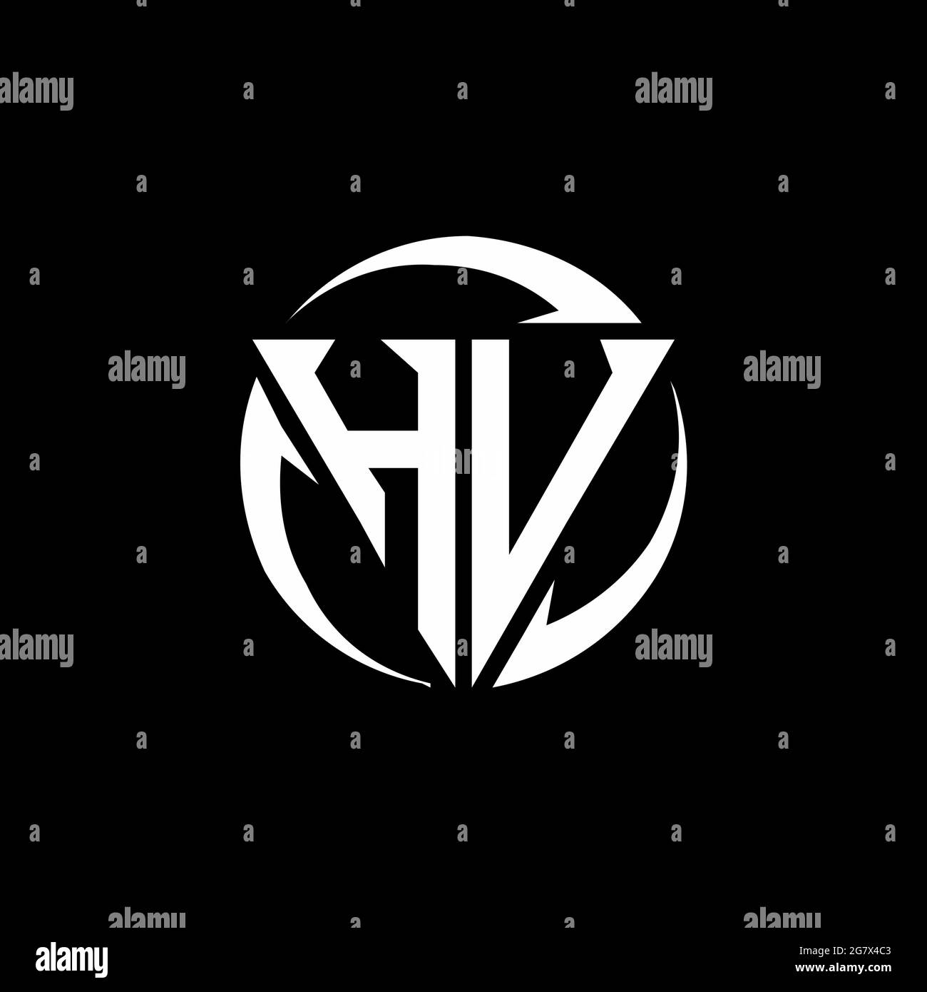 Logo HV con forma triangolare e modello rotondo isolato su sfondo nero Illustrazione Vettoriale