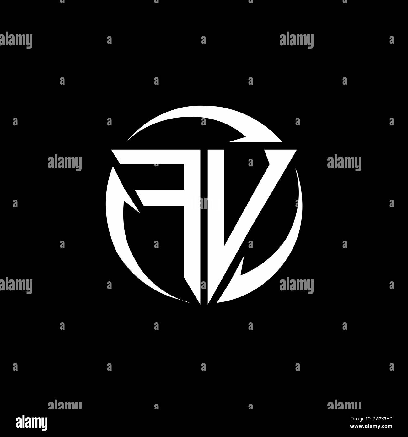 Logo FV con forma triangolare e modello rotondo isolato su sfondo nero Illustrazione Vettoriale
