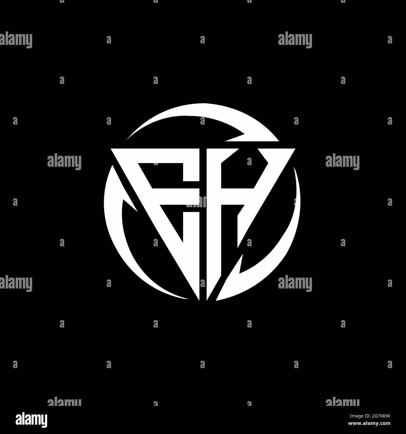 Logo EH con forma triangolare e modello rotondo isolato su sfondo nero Illustrazione Vettoriale
