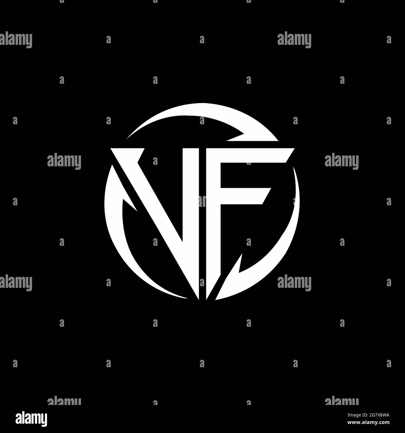 Logo VF con forma triangolare e modello rotondo isolato su sfondo nero Illustrazione Vettoriale