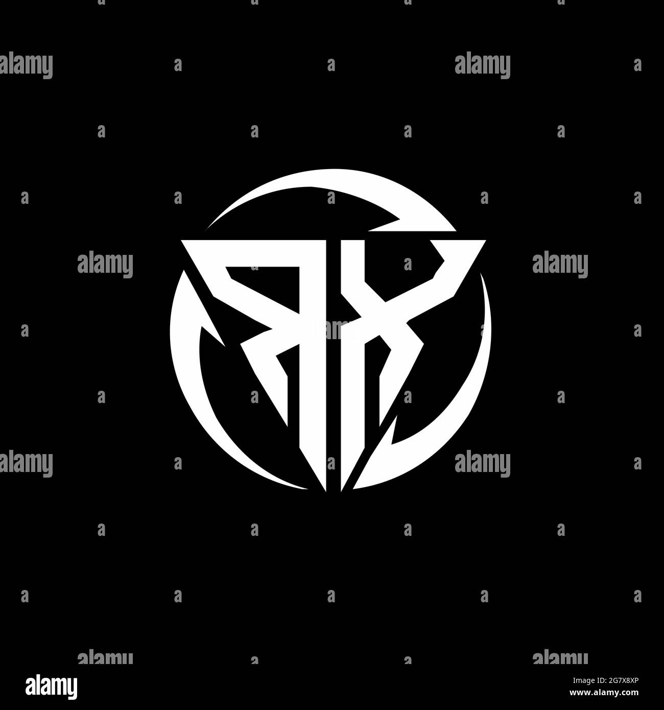 Logo RX con forma triangolare e modello di disegno arrotondato circolare isolato su sfondo nero Illustrazione Vettoriale
